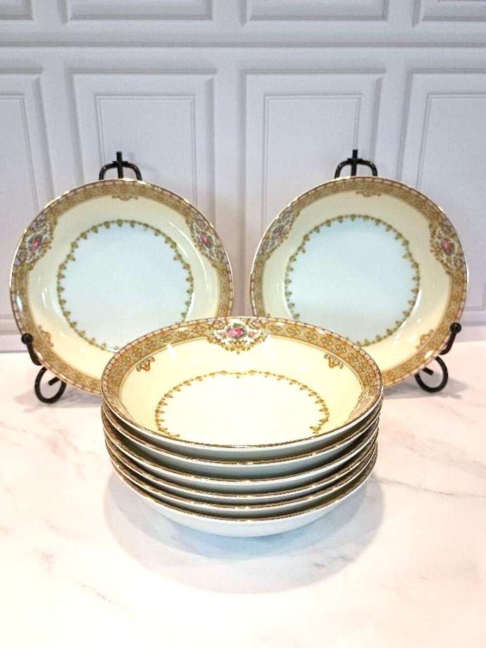8 Vintage Royal Embassy Akron Dessert Bowls Porcelain Gold Trim Floral China 30s